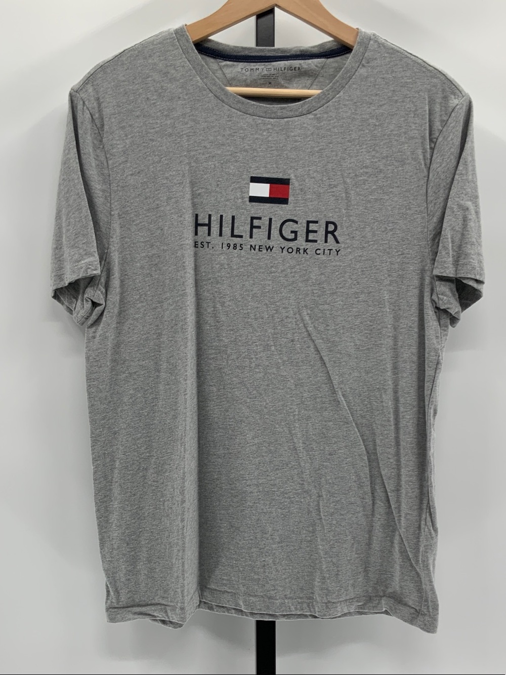 Tommy Hilfiger Gray Logo Crewneck Tee with Flag Emblem